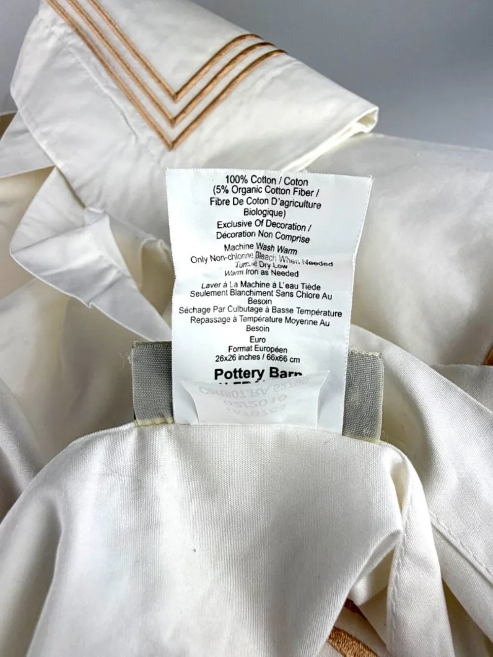 POTTERY BARN White Cotton Euro Pillow Sham Gold Embroidered Frame Trim